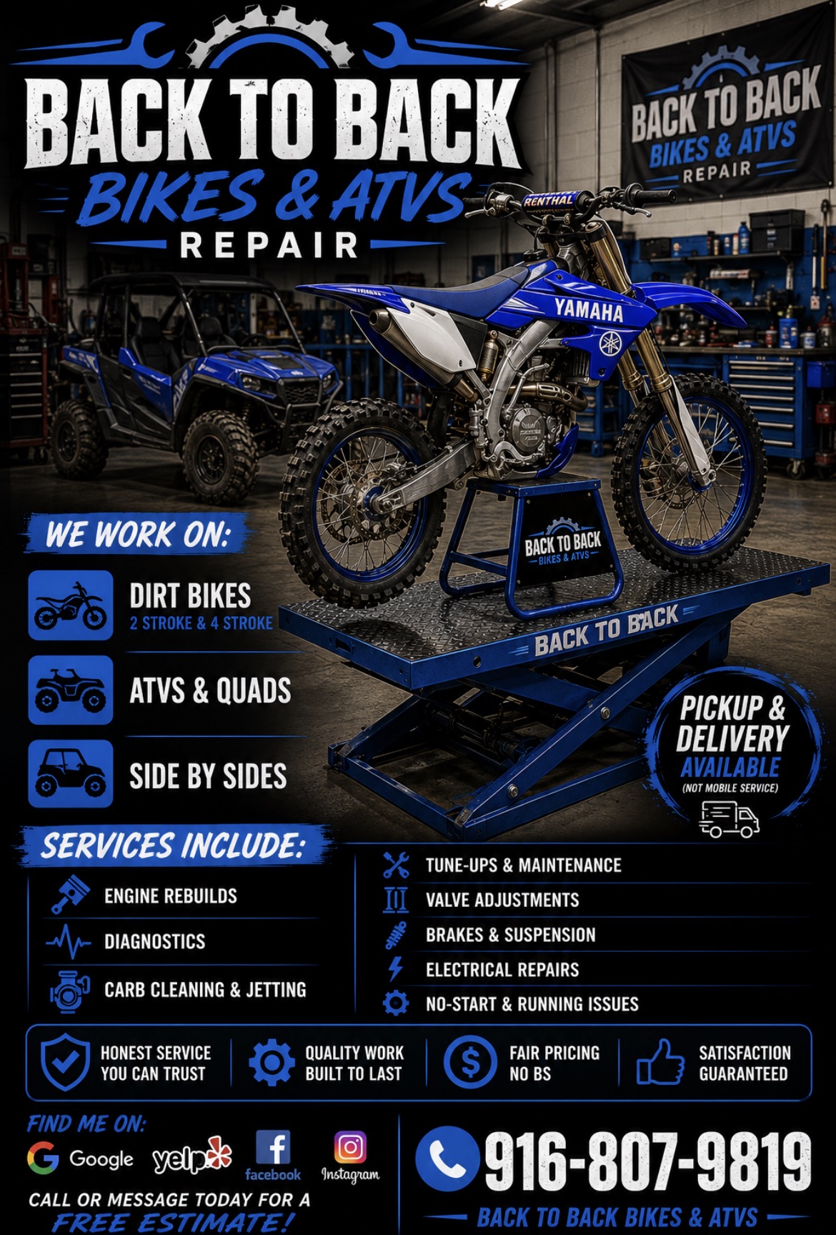 Back to Back Bikes & ATVs — dirt bike and side-by-side repair flyer